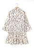 Leopard Print Buttoned Front 3/4 Sleeve Tiered Ruffled Hem Dress